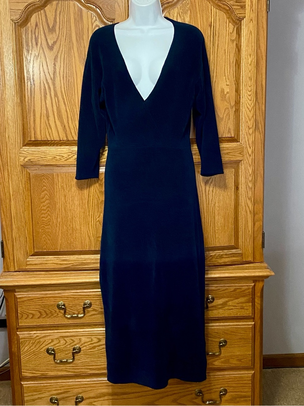 Paloma Wool Delfina V-Neck Midi Knit Sweater Dress Navy Blue 3/4 Sleeve Cotton M